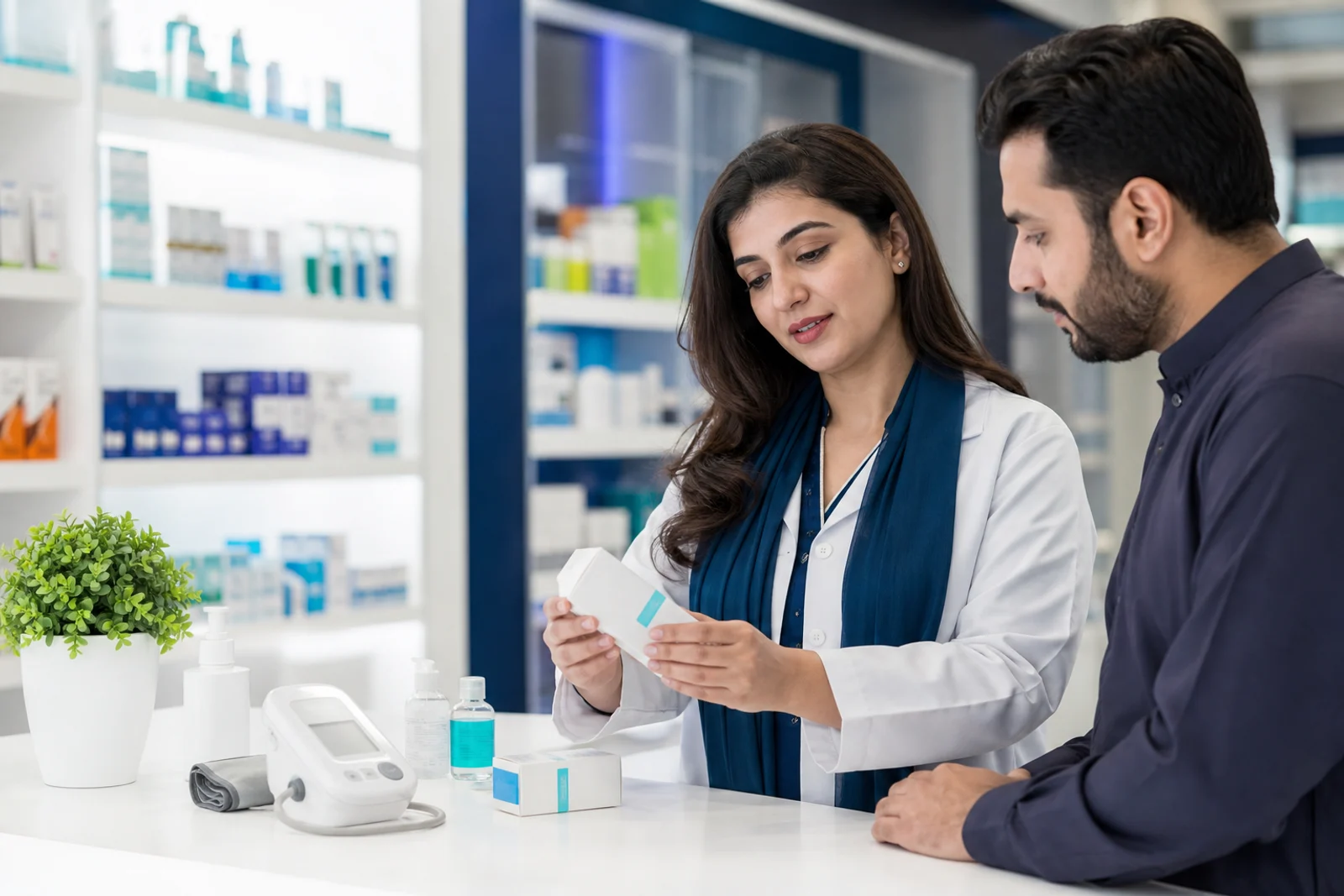 AZ SurgiMed pharmacist helping a customer choose healthcare products