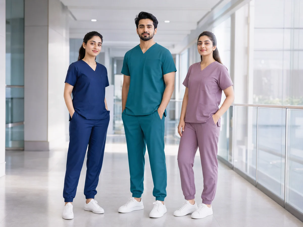Pakistani healthcare professionals wearing navy, teal and mauve medical scrubs